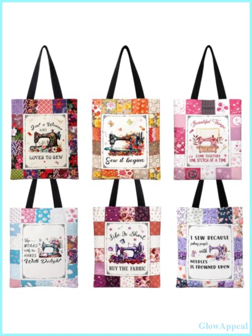 6 Pack Sewing Themed Canvas Tote Bags Floral Sewing Machine Organizer Pouches